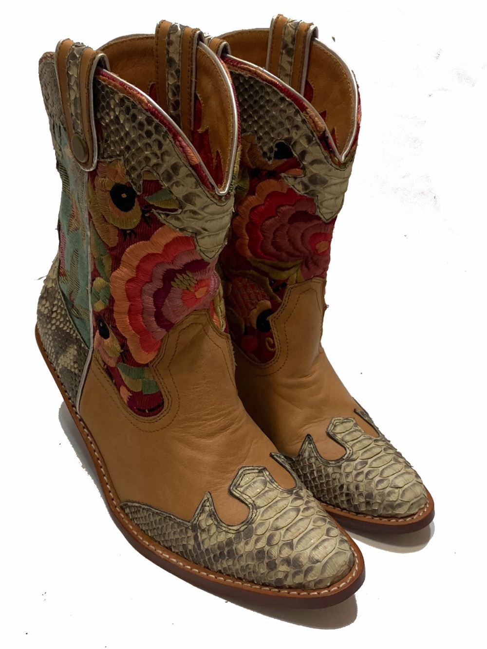 Tan Embroidered Western Boots with Multicolor Floral Shaft